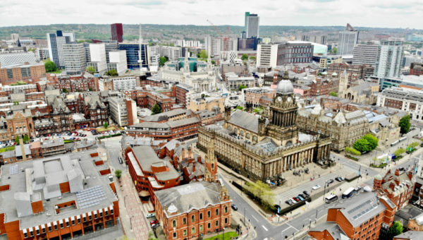 Helicopter view of Leeds City skyline