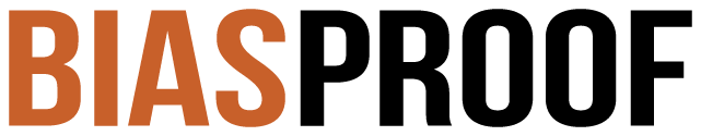 Bias proof logo, Bias is written in orange capital letters and proof is written in black capital letters