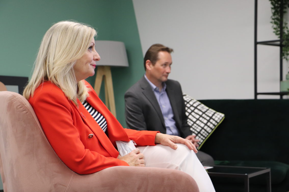 Tracy Brabin, Mayor of West Yorkshire sat in an armchair with Professor Nick Plant
