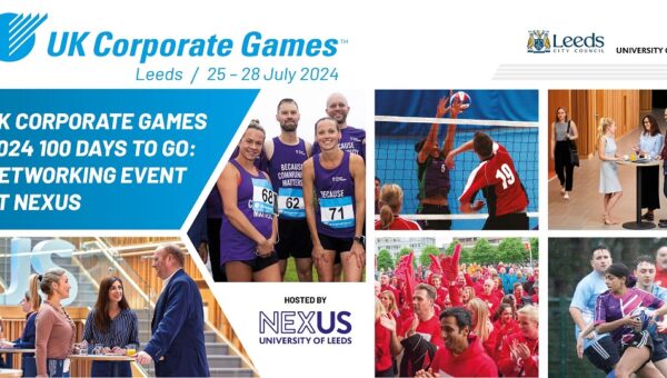 A graphic for the UK corporate games 2024. it is a composite image with several photos of people playing sports
