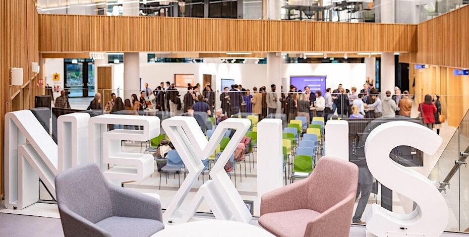 Image of the Nexus atrium during a networking event.