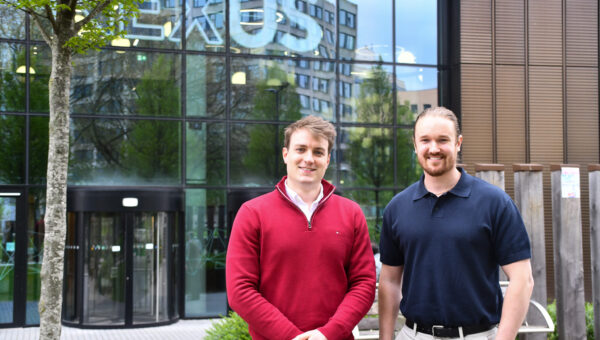 James McBride and Lyndon Timmings-Thompson from WeAreSocialEnterprise standing infront of the Nexus building. 30 under 30.