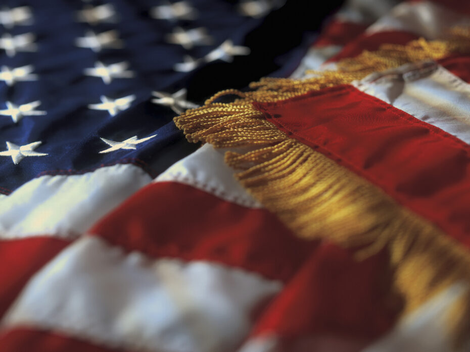 An American flag on a table.